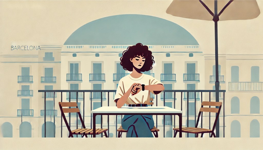 Ilustración minimalista en tonos suaves de una mujer con cabello rizado, vestida de forma casual, sentada en una terraza en Barcelona. Mira su reloj con expresión de confusión, como si estuviera esperando a alguien. La imagen representa el choque cultural con la palabra “luego” y su diferente significado en México y España.